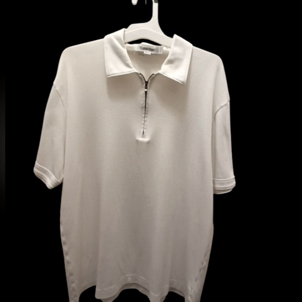 Calvin Klein Men's White Collared Zipper Polo Shirt Large